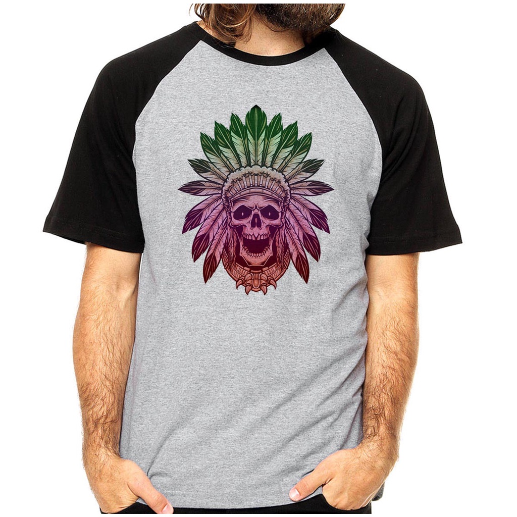 Camiseta Camisa Raglan Caveira Índio Moda Geek Índio Tribo Indígena Cultura