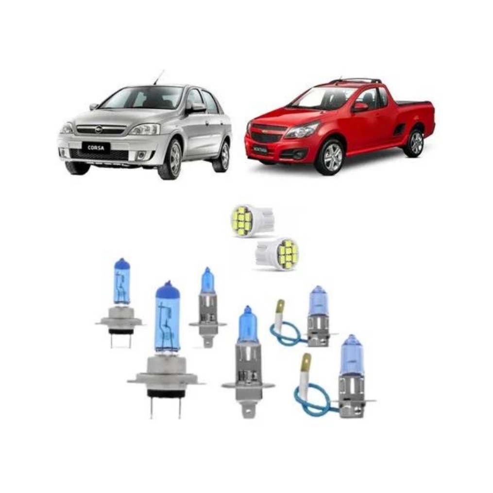 Kit Lâmpadas Super Branca Farol Alto H1 Baixo H7 Milhas H3 Gm Corsa E Montana Anos: 2002, 2003, 2004, 2005, 2006, 2007, 2008, 2009,2010, 2011, 2012, 2013