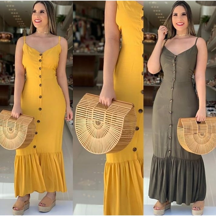 vestido longo com botao na frente