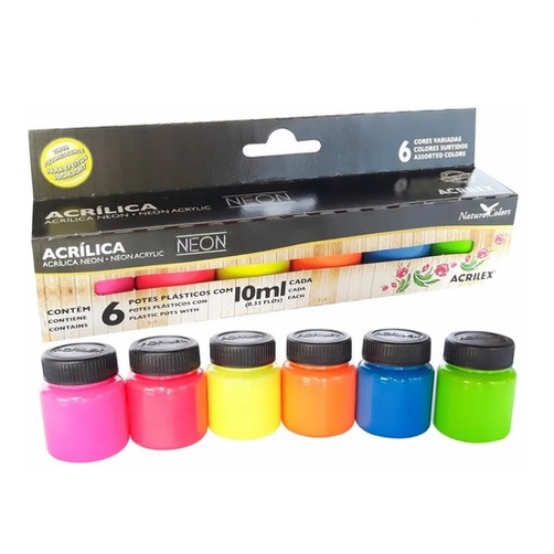 Conjunto 6 Cores Tinta Acrílica Neon Fluorescente 10ml Acrilex