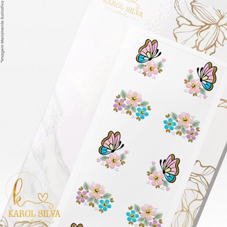 Adesivo De Unha 3d Borboleta E Flor Rosa E Azul Modelo 564