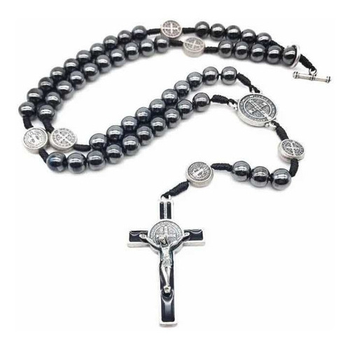Colar Terço Hematita São Bento No Cordão. Kit C/12 Uni. Artigo Religioso