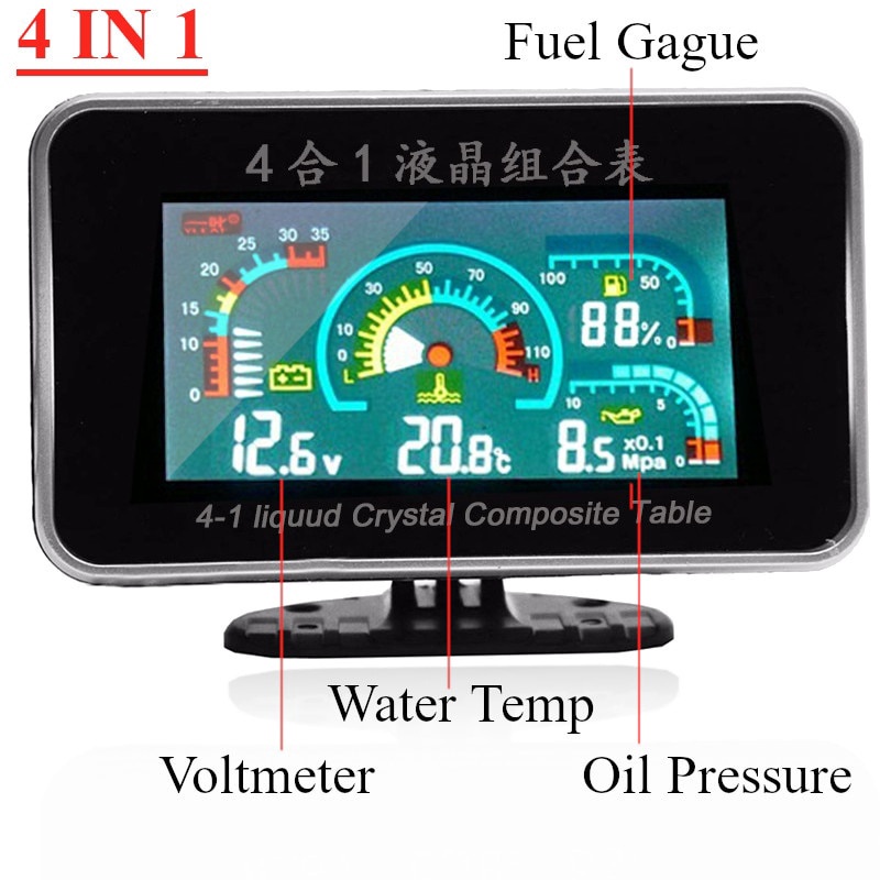 4 Em 1 LCD 12v/24v Escavadeira De Esteira De Caminhão Voltímetro De Pressão De Óleo De Carro Temperatura De Água Medidor
