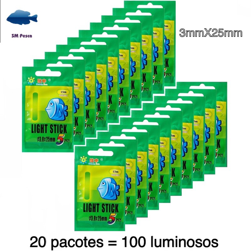 100 luminosos/20pacotes Luz Química Starlight Bastão Luminoso Pesca Noturna 3x25mm 20 pacotes, Light Stick