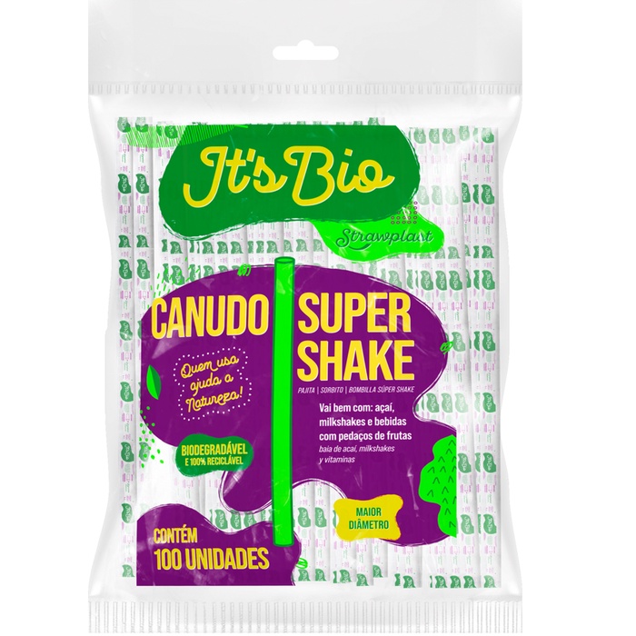 Canudo Super Shake Biodegradável Strawplast 10mm 100 Unidades