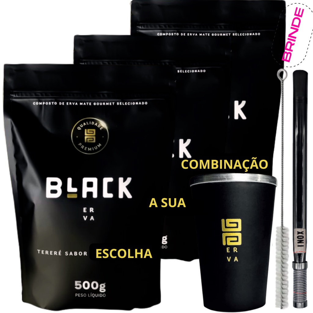 Kit 3 Pacotes Black Erva Mate Tereré Copo Térmico + Bomba Mola Externa Preta Escolha Sua Combinação