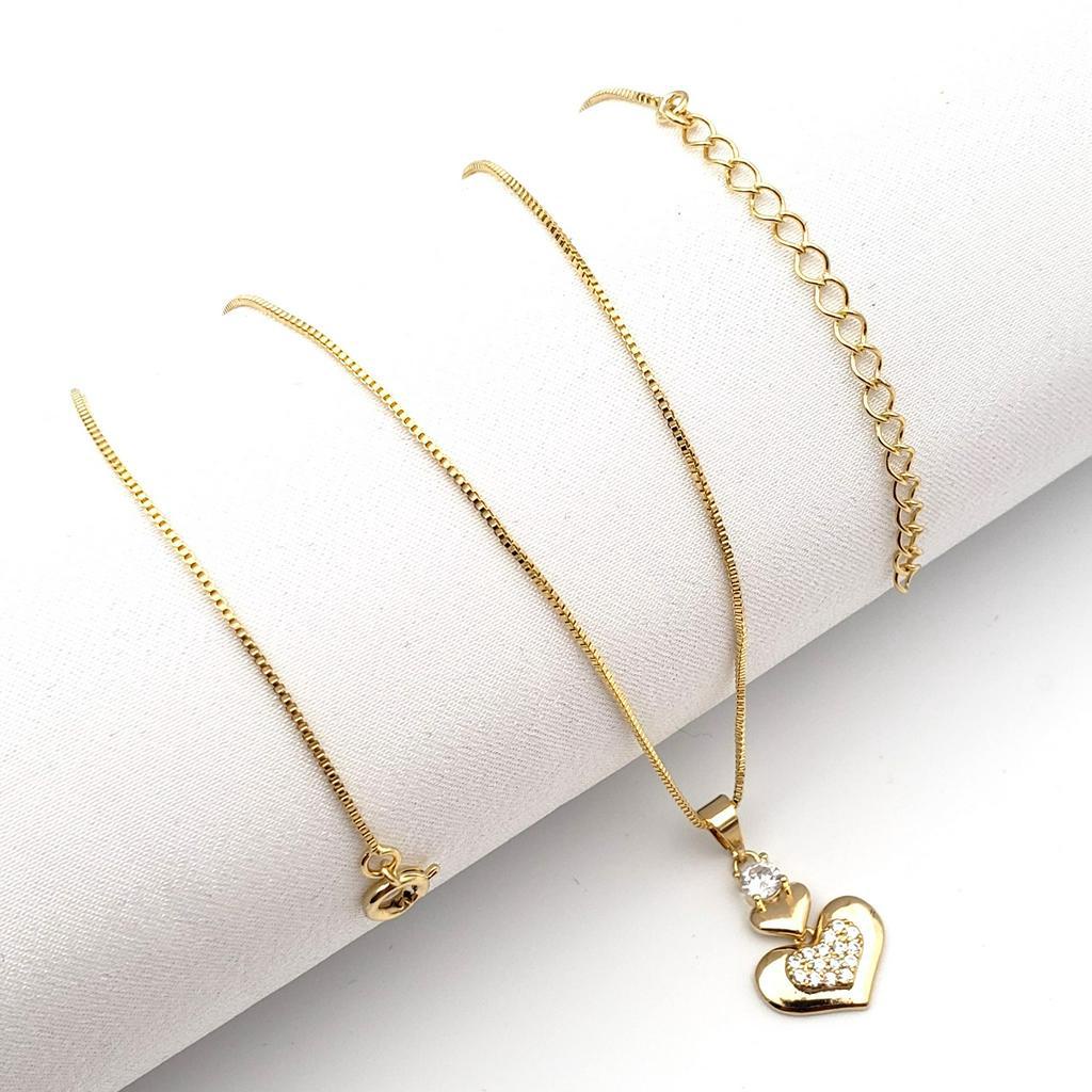 Colar Gargantilha Feminina 45cm Coração cravejado Banhado a ouro 18k