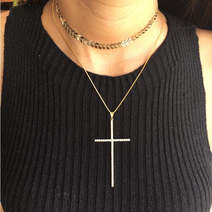 Colar Gargantilha Choker Escama de Peixe Folheado Ouro 18k e a Prata 925 + Colar de Crucifixo Cruz Cravejado Banhado a O