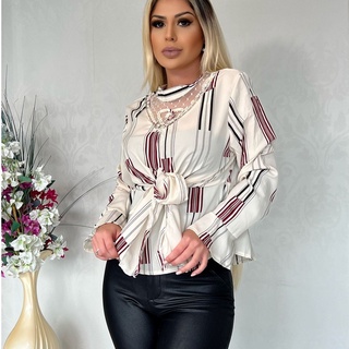 CAMISA MANGA LONGA BABADO AMARRAVEL/ESTAMPADA COM DECOTE NO PESCOÇO/MODA FEMININA Y8196