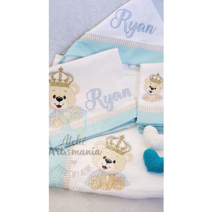 Fralda De Pano Tecido Ombro Passeio Bordado Urso Rei Personalizado Com O Nome Do Bebê