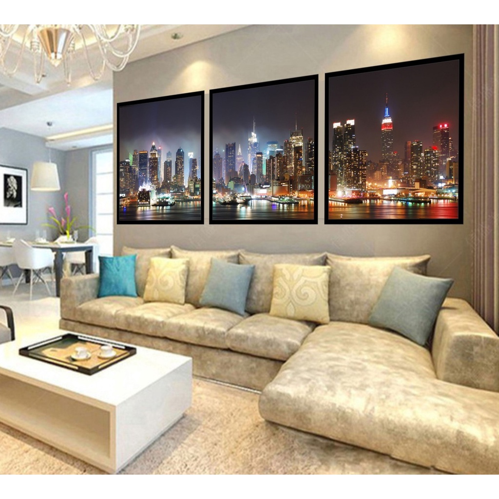 Quadro Decorativo Moderno Kit com 03 Quadros Cidade de Nova Iorque New York Paisagem Noturna Manhattan Rio Hudson Decoração Escritório Recepções Sala Quarto