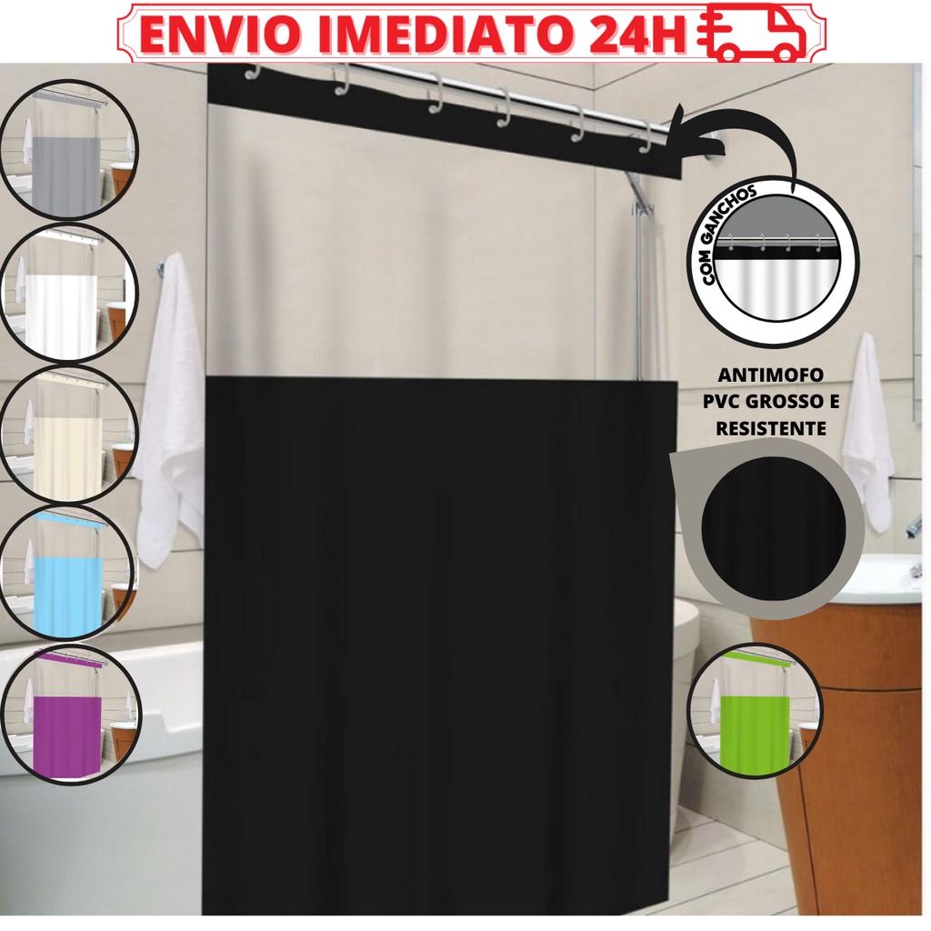 Cortina para Box de Banheiro Visor Transparente com Ganchos 100% PVC Antimofo fácil limpeza