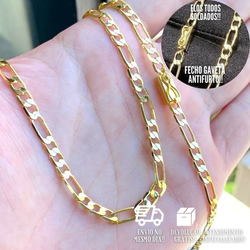 Corrente Masculina 4,5mm 70cm 14g Fecho Gaveta Banho de Ouro 24K Corrente 3 por 1 Grossa Cordão Masculino