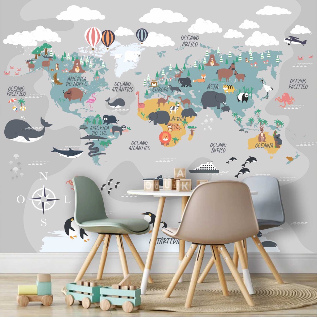 Papel De Parede Mapa Infantil Zoo Safari Balões Painel Adesivo G1207