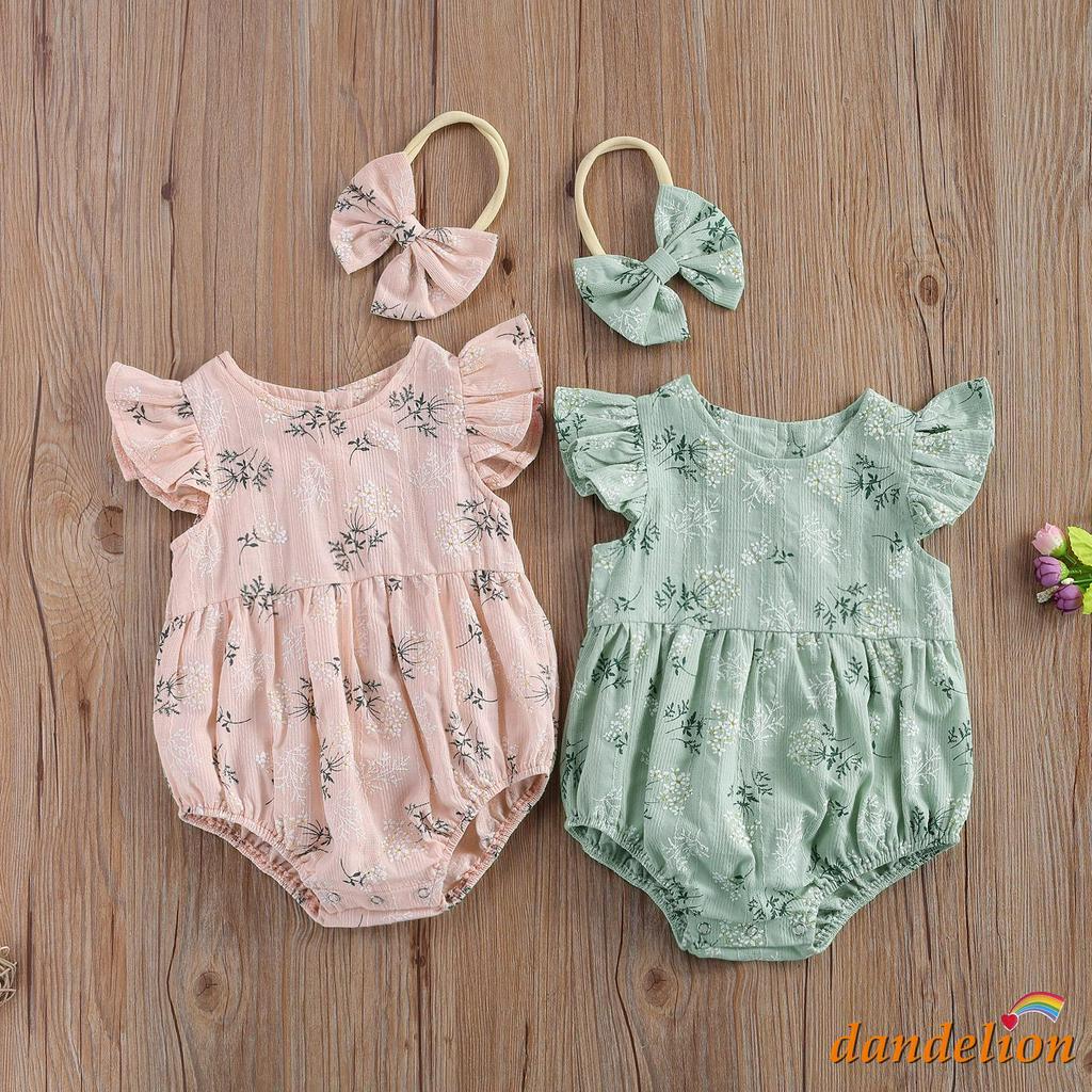 Dandelion-Macacão Infantil Feminino Florido Com Gola Redonda + Faixa De Cabelo Rosa / Verde