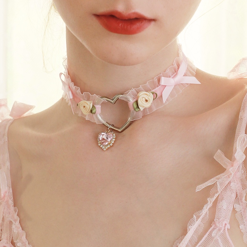 Goth Jewelry Harajuku Lolita Girl Heart Handmade Bow Rose Retro Choker Necklace Pink Decoration Lace Necklace Accessories