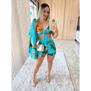 Conjunto Feminino 3 Peças Kimono short Cropped com Bojo Estampas Variadas e Xadrez