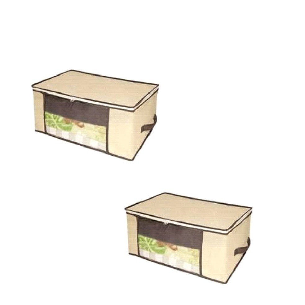 Kit 2 Caixa Organizadora Multiuso De TNT Resistente Bege Alça Guarda Roupa Closet 60cm x 45cm x 30cm