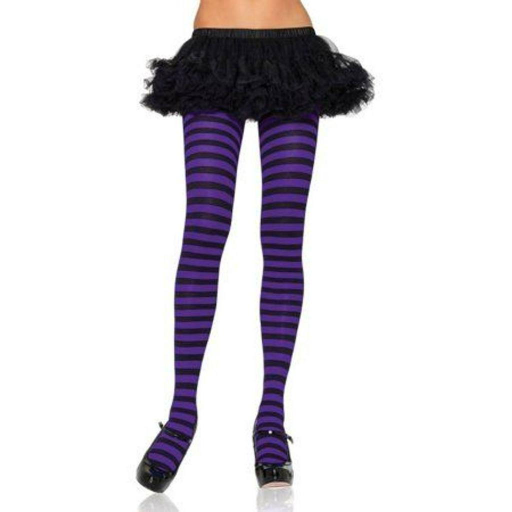 Meia Calça 7/8 Listrada Cosplay Preto e Roxo Acessorio Carnaval Halloween Bruxa