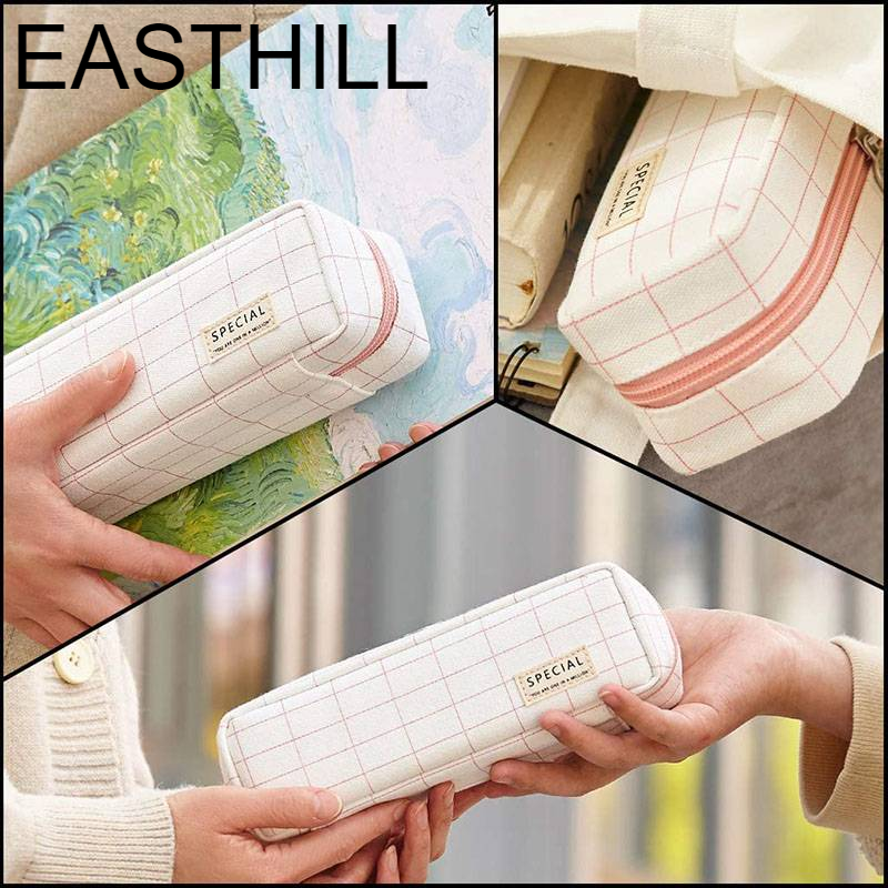 Long Plaid Pink EASTHILL Pencil Case Grid Pencil Pouch with 3 Compartments Stationery Bag Pencil Bag for Girls Teens Students Art School and Office Supplies 