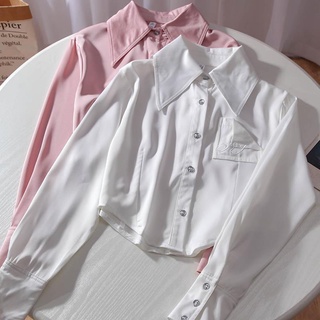 Camisa De Manga Comprida Feminina De Lapela/Cintura Alta/Estilo Curto/Irregular/Mangas Compridas Para Primavera/Verão
