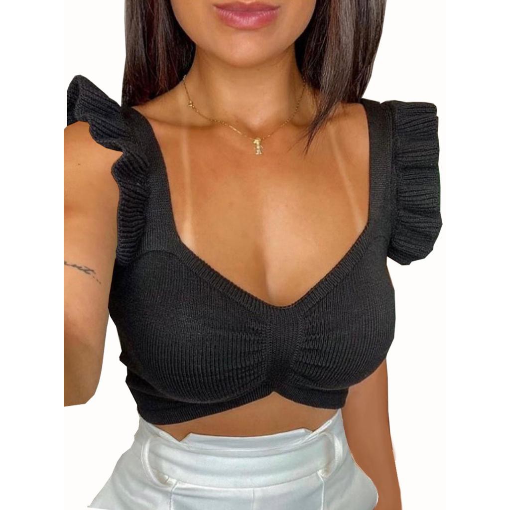 Cropped Top Prega Tricô Modal Blusinha De Babado Na Alcinha