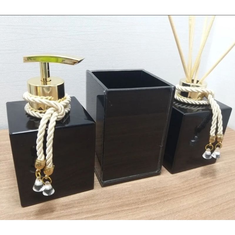 Kit LAVABO Banheiro Cubo Preto Porta Escova de Dente, Porta. Pinceis/Porta Canetas  Difusor e Porta Sabonete