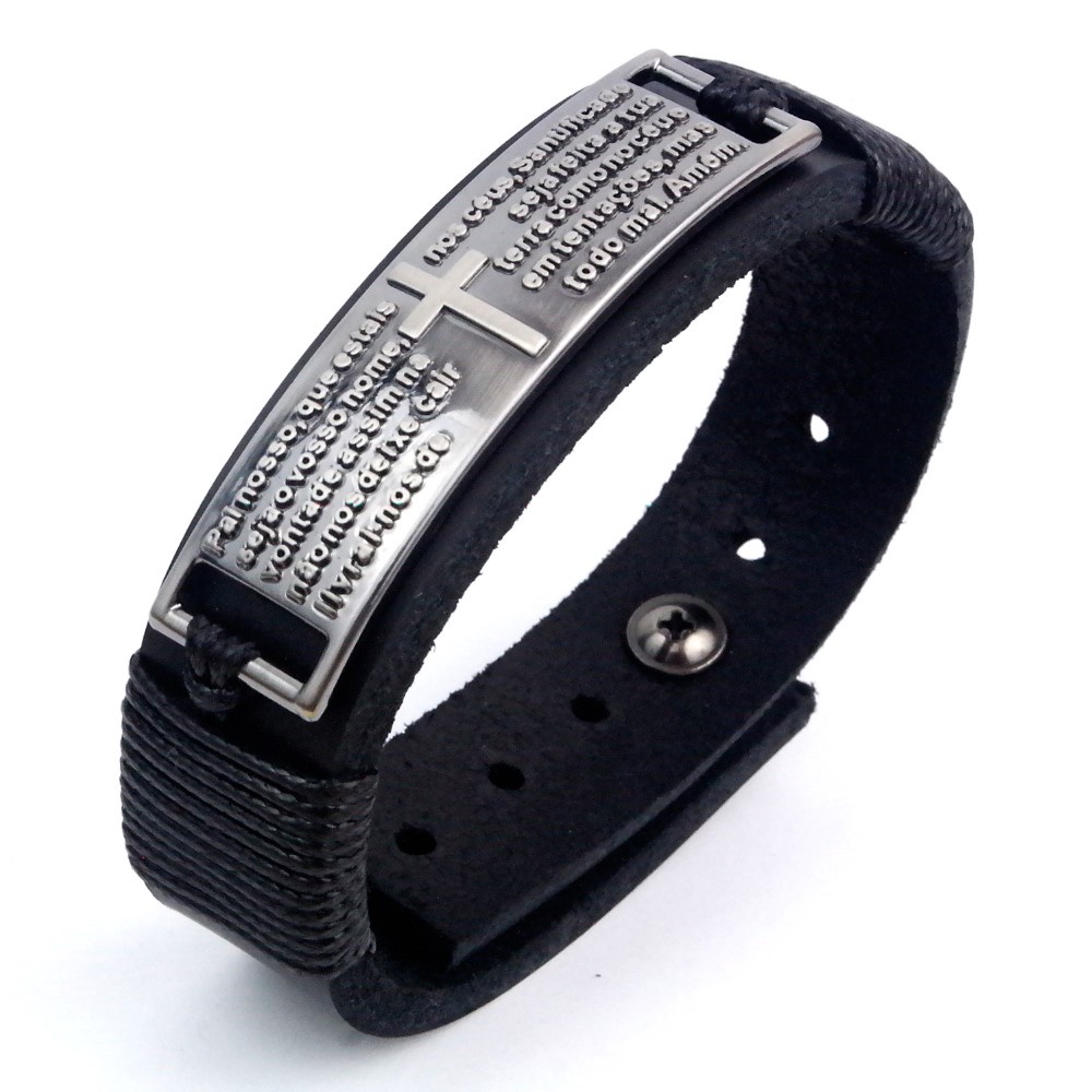 Pulseira de Couro Masculina Gospel Pai Nosso Grafite Religiosa Ajustável