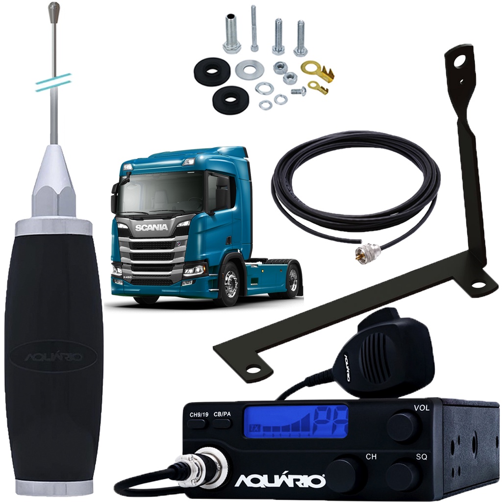Rádio Px 40 Canais RP-40 Antena Maria Mole Inox 2,70m Cabo 5,5m Suporte Traseiro Nova Scania Parafusos