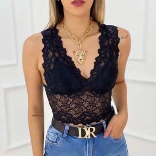 Cropped de Renda Top Regata Com Bojo e Alça Grossa Croped Sutiã Feminino
