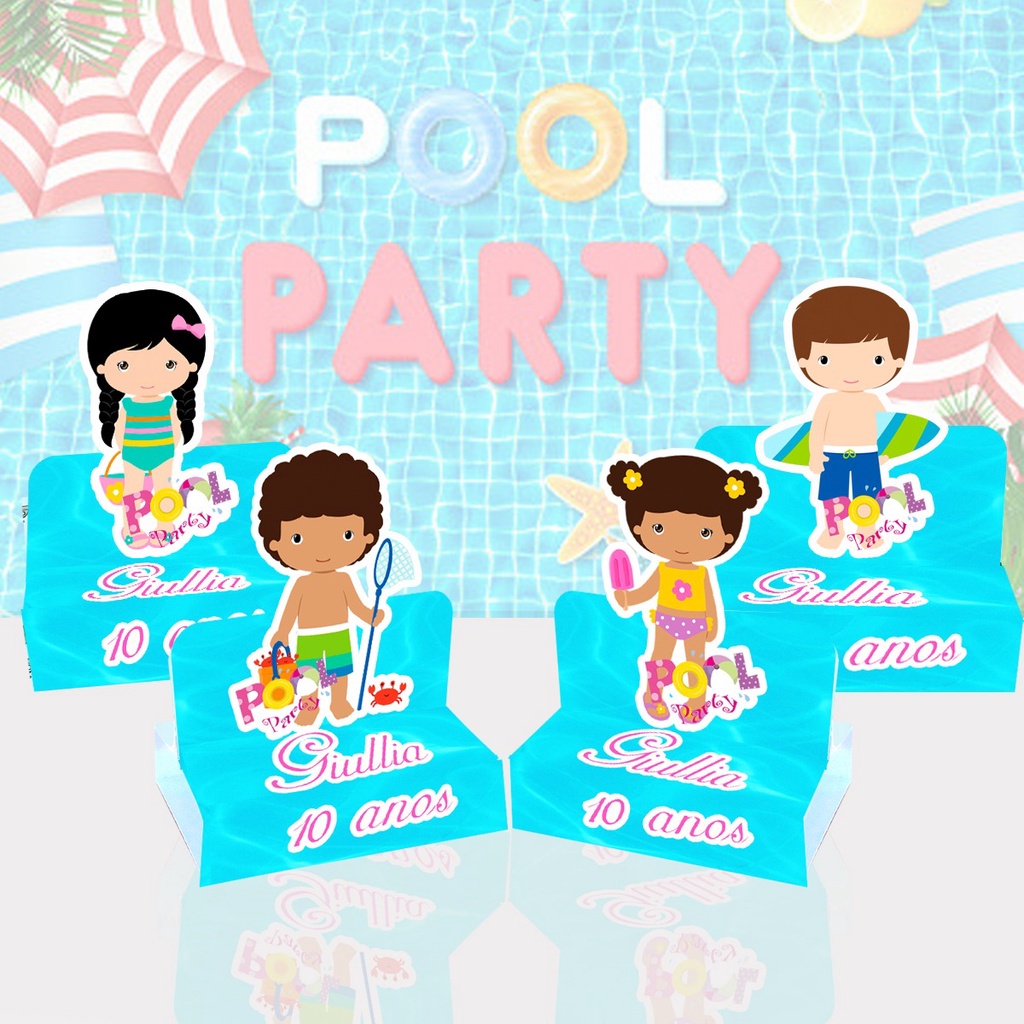 PROMOÇÃO! 30 Caixinhas Porta Chocolate + 10 Sacolas Tipo Maleta Pool Party Festa na Piscina Lembrancinha Surpresa Personalizada com nome e idade