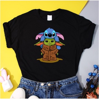 Camiseta Básica Algodão Unissex Stitch e Baby Yoda Fofo