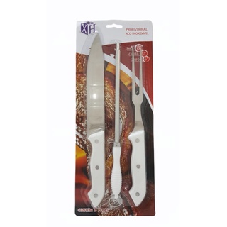 Kit para Churrasco 3 Peças Aço Inoxidável com Faca Chaira Garfo XH Profissional