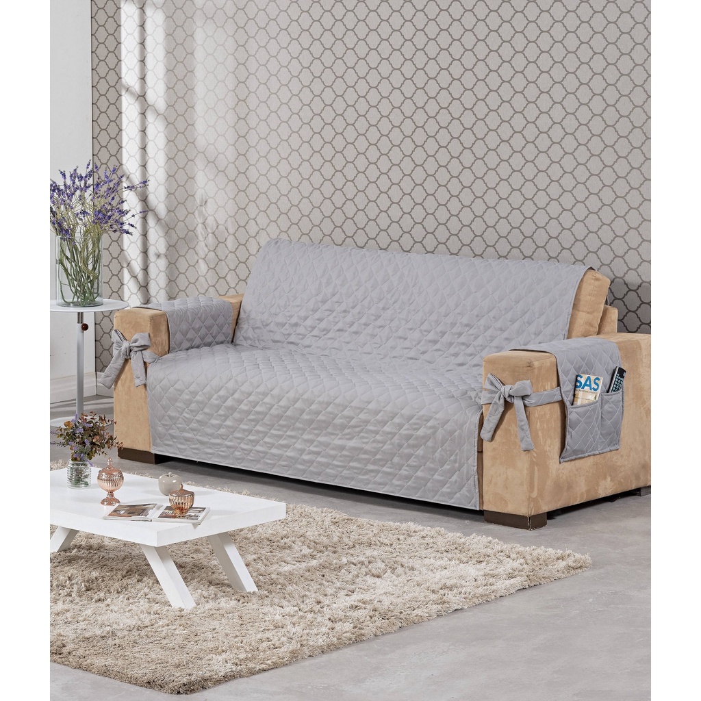 Capa De Sofá 3 Lugares Laço Porta Objetos Melhor Preço Cinza