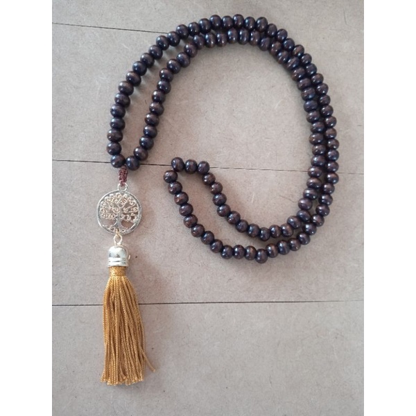 Imagem Japamala 108 Contas Madeira Com Pingente Árvore Da Vida Dourada ( Banho Cataforético) Rosário Budista Meditação Ref:195