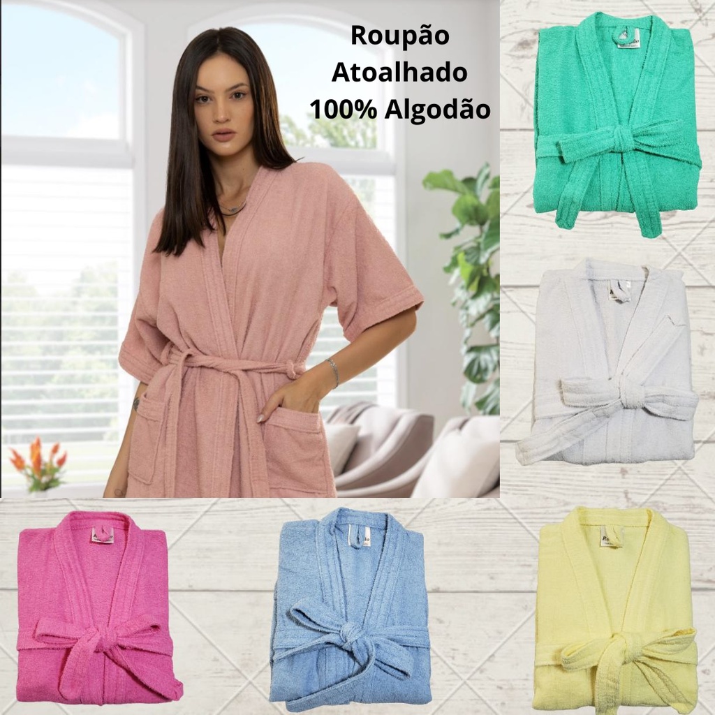 Roupão de Banho Atoalhado 100% Puro Algodão para Piscina Masculino ou Feminino com Toque Macio - Kimono Felpudo Adulto Antialérgico Unissex