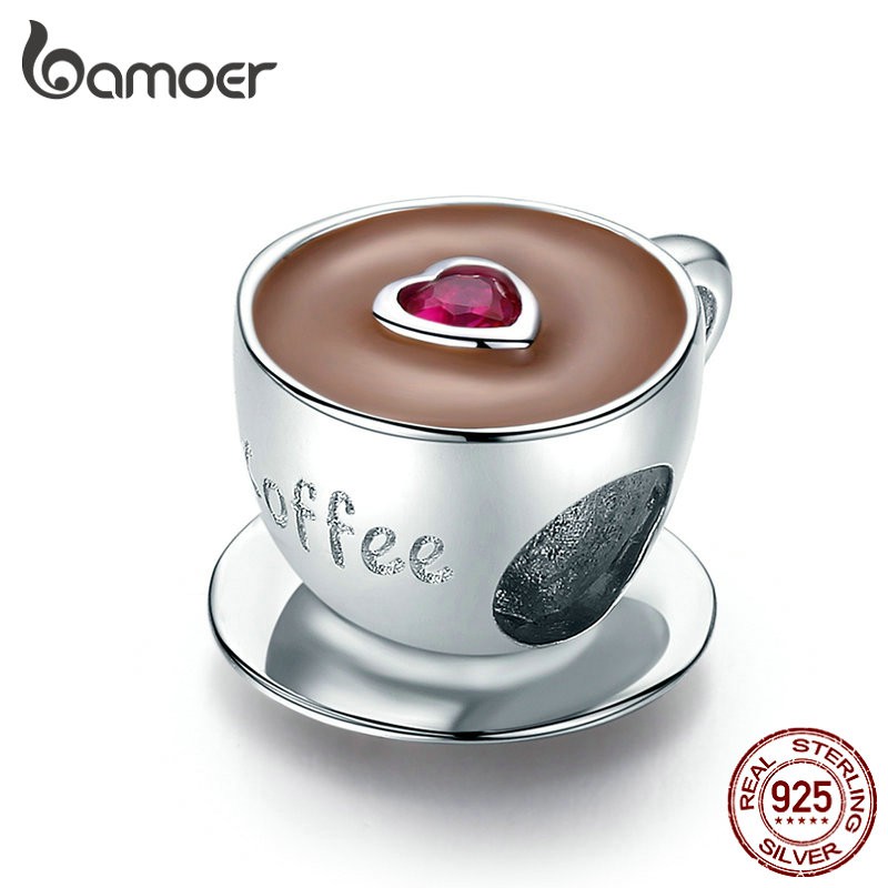 Bamoer 925 Sterling Silver Xícara De Café Contas De Metal Para As Mulheres Europeia Charm Bracelet Esmalte Encantos Jóias SCC1286