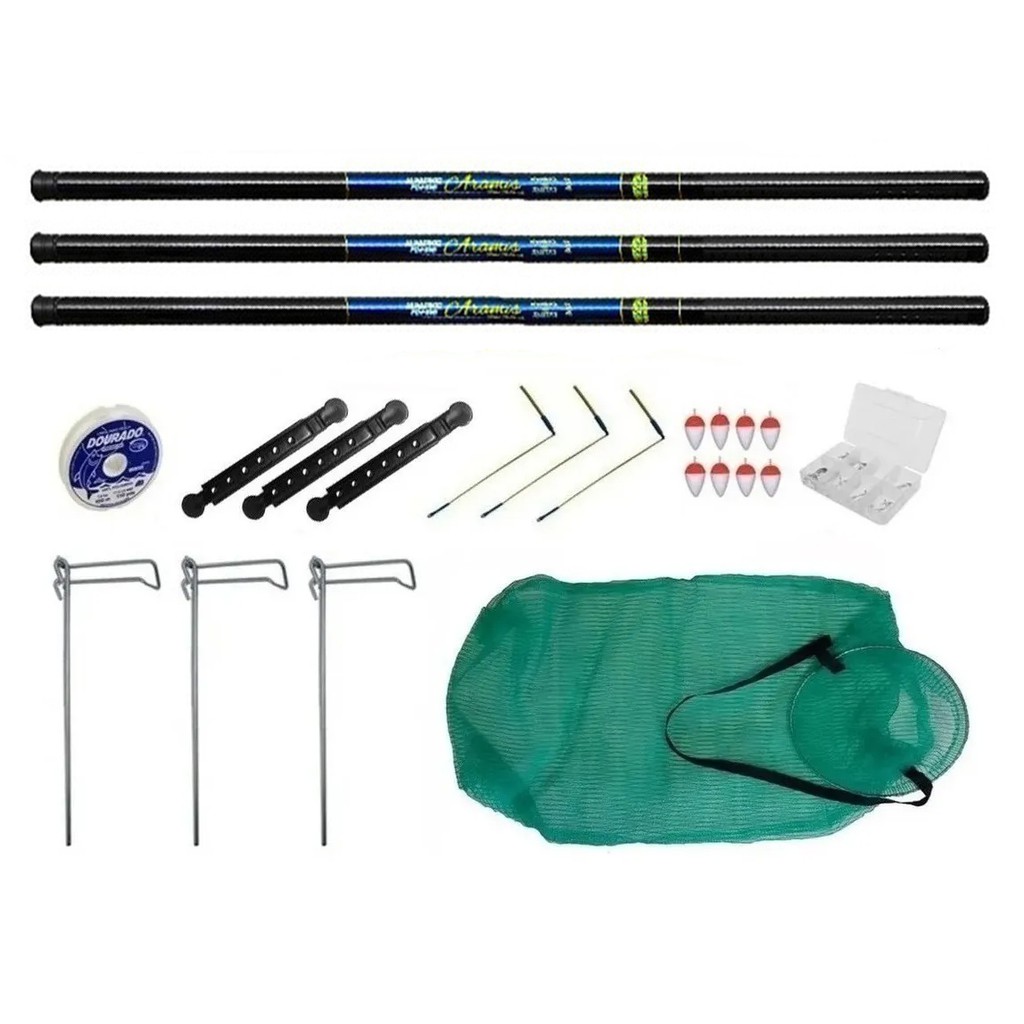 Kit Para Pesca de Tilápia - 3 Varas Telescópicas de 3,60 Metros + Samburá Anzóis Linha Boias Suporte de Vara