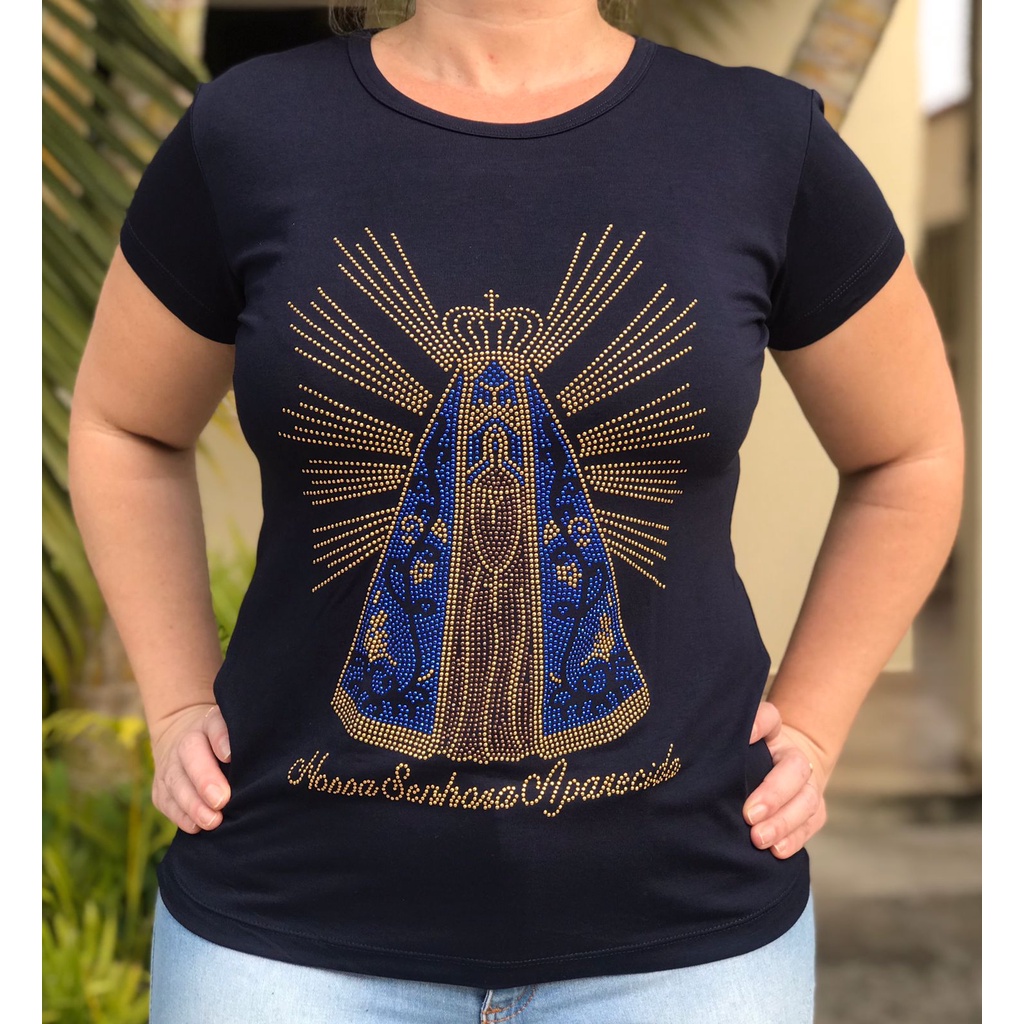 Blusa Camiseta Baby Look feminina religiosa Nossa Senhora Aparecida com Raios strass
