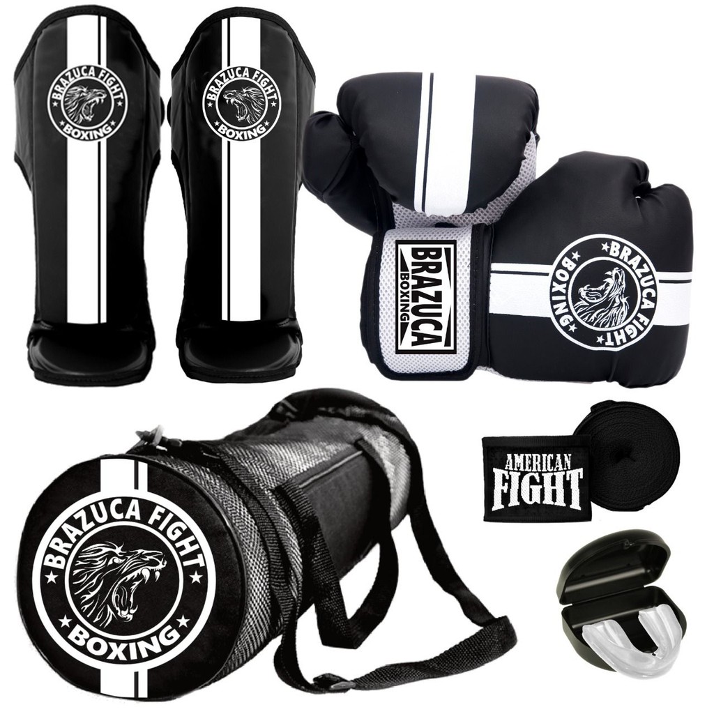 Kit Muay Thai Luva Caneleira Bolsa Band. Bucal Brazuca Preto