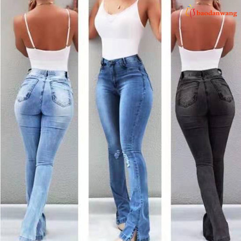 calça jeans cintura alta boca de sino