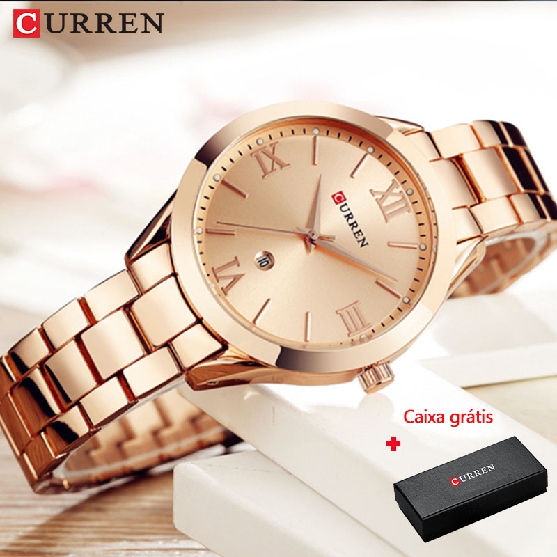 Relógio de Pulso Curren 9007 Dourado com Pulseira de Aço Inoxidável Feminino 9007