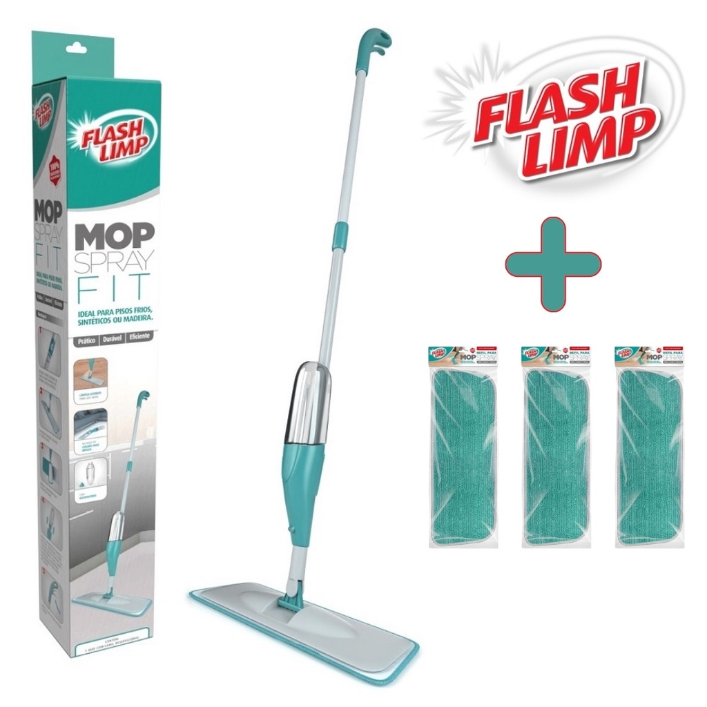 Kit com 1 Mop Spray Fit Rodo MOP0556 + 3 Refil Microfibra RMOP7800 Flash Limp