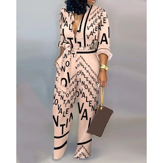 Moda Feminina Estampa Carta Macacão Largo 2022 Outono Inverno Cintura Alta Casual Reto