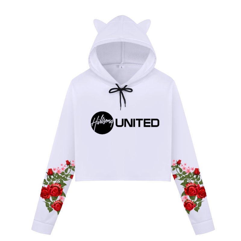 Blusa Cropped de Moletom Manga Flores Vermelhas Hillsong United A431