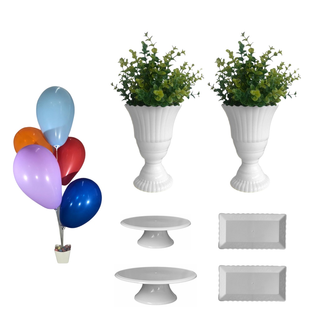 kit completo 8 peças p/ festa multiuso 2 cachepó suporte de balão decorativo + 2 vaso real porta planta + 1 boleira 26cm + 1 boleira 20cm porta bolo suporte de doces