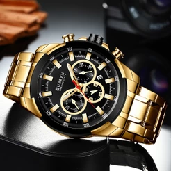 CURREN Relógio De Pulso Masculino Dourado Aço Inoxidável Quartzo Esportivo Militar À Prova D'água 8361 XS