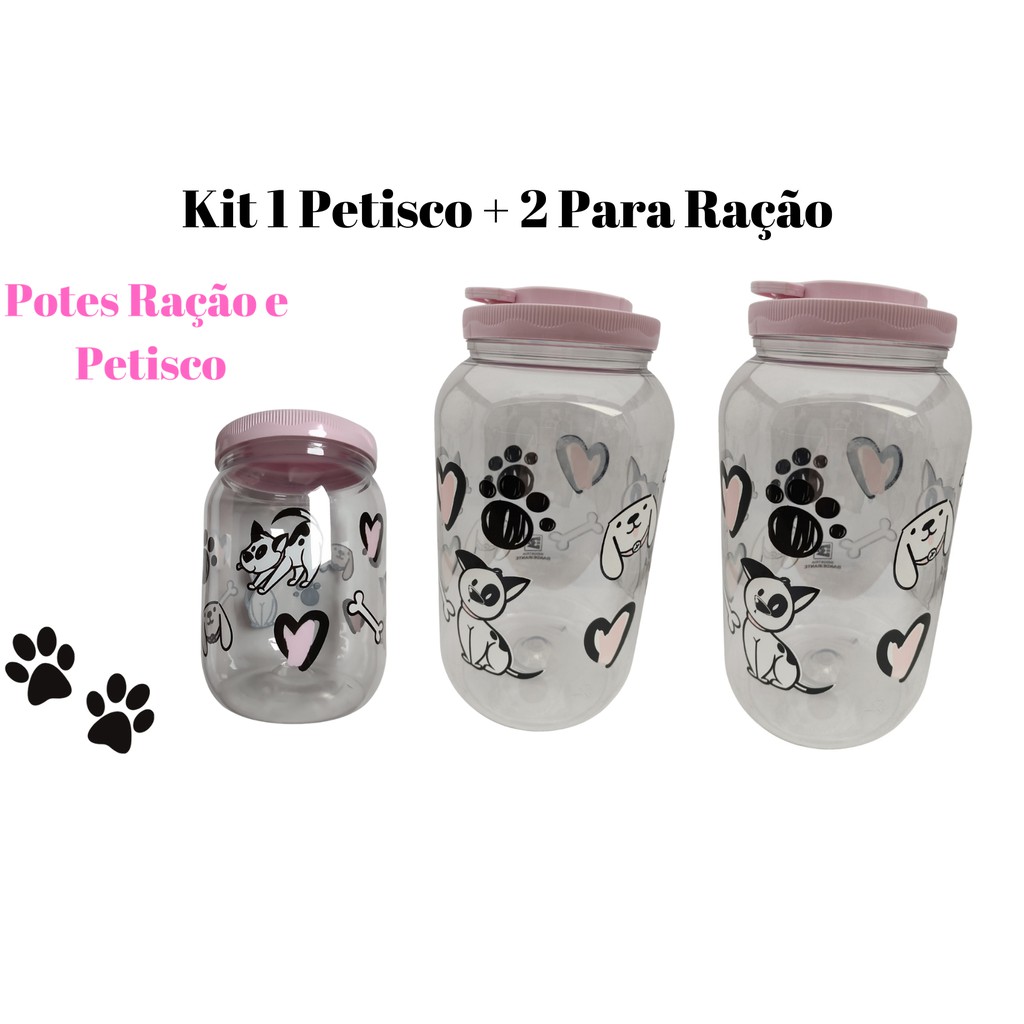 KIT 2 Pote Porta Ração 3.6 + 1 Porta Petisco 1.7 na cor Rosa, Tampa com Rosca e Alça –  para Cachorros, Gato e PET.
