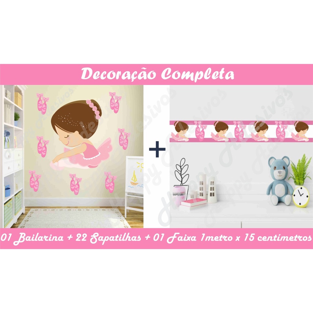 Adesivo Para Parede Infantil Bailarina Menina Ballet Balé Decoração de Quarto Sapatilhas Adesivas Rosa + 1 Faixa Fita Adesiva Bailarina