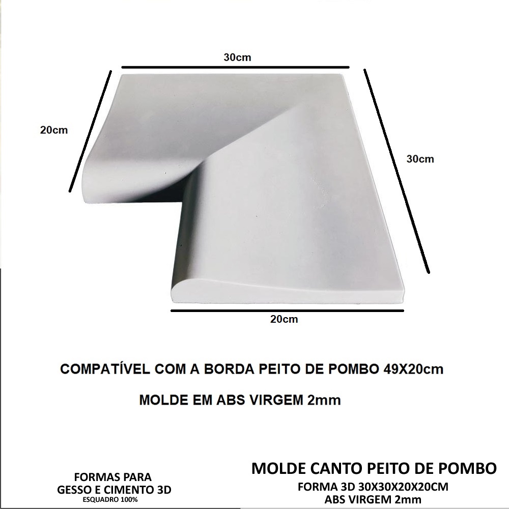 Forma 3d Molde 3d Borda De Piscina Peito De Pombo Canto L 30x20cm ABS 2mm Molde para cimento/concreto
